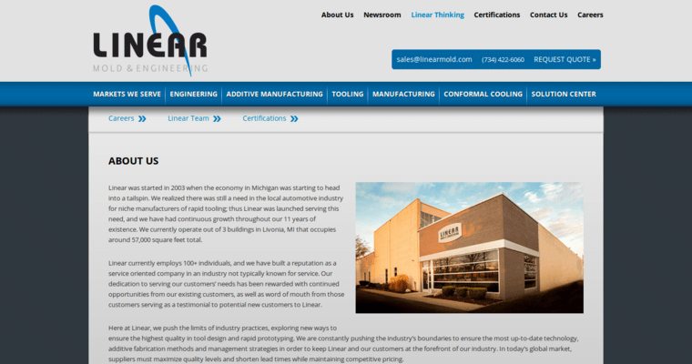 About page of #10 Leading Metal Print Firm: Linear Mold & Engineering